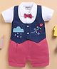 Wonderchild Half Sleeves Solid Ribbed Romper With Attached Cloud Embroidered Jacket & Bow - Dull White & Denim