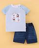 Wonderchild Interlock Woven Half Sleeves Striped Patch Embroidered Tee With Mild Washed Shorts - Blue Striper