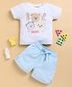 Wonderchild Interlock Half Sleeves Teddy Bear Face Printed Striped Tee With Solid Shorts Set - White & Baby Blue