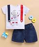 Wonderchild Interlock Woven Half Sleeves Astronaut Printed Tee With Mild Washed Shorts - Navy Blue & Light Milange