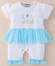 Wonderchild Interlock Half Puffed Sleeves Polka Dots Printed Floral Embroidered Frill Detailed Romper - White & Sky Blue