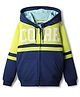 Pine Kids 100% Cotton Full Sleeves Text Printed Hooded SweatJacket With Kangaroo Pockets - Navy Blue & Green