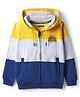 Pine Kids Cotton Knit Full Sleeves Cut & Sew Hooded Sweatjacket with Badge - Yellow Grey & Navy Blue