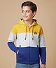Pine Kids Cotton Knit Full Sleeves Cut & Sew Hooded Sweatjacket with Badge - Yellow Grey & Navy Blue