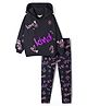 Primo Gino 100% Cotton French Terry Knit Full Sleeves Hooded Sweatshirt with Jogger Set with Text Print & Sequin - Black