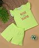 RAINE AND JAINE Cotton Knit Frill Sleeves Rise And Shine Text Printed Coordinating Night Suit Set - Green