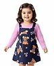 Doodle Poodle Cotton Knit Frock & Full Sleeves Inner Tee With Floral & Bunny Print - Navy Blue & Pink