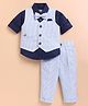 LITTLE COLLARS Cotton Full Sleeves Striped 3 Piece Party Suit Set With Bow - Blue
