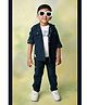 LITTLE COLLARS Codruouy I Am Brillant Text Printed Tee & Pant With Full Sleeves Hooded Shacket Set - Navy Blue