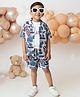 LITTLE COLLARS Half Sleeves Leaves Printed Shirt With Tee & Coordinating Shorts & Belt Set - Grey