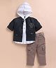LITTLE COLLARS Cotton Blend Striped Hooded Tee & Full Sleeves Shacket With Pant Set - Green & White