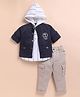 LITTLE COLLARS Cotton Blend Striped Hooded Tee & Full Sleeves Shacket With Pant Set - Blue & White