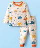 Babyhug Cotton Knit Full Sleeves Co-Ord Night Suit with Vehicle Print - White