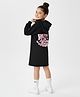 Primo Gino 100% Cotton French Terry Full Sleeves Oversized Hooded Sweatshirt Dress with Front & Back Text Graphic - Black