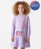 Primo Gino 100% Cotton French Terry Knit Full Sleeves Oversized Drop Waist Sweatshirt Dress with Sling Bag Print - Lavender