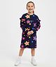 Primo Gino 100% Cotton Knit French Terry Full Sleeves Oversized Drop Shoulder Frock with Star Print  - Navy Blue