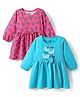 Doodle Poodle Cotton Knit Full Peasant Sleeves Frocks with Butterfly Print & Bow Applique Pack of 2 - Pink & Blue
