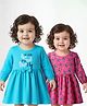 Doodle Poodle Cotton Knit Full Peasant Sleeves Frocks with Butterfly Print & Bow Applique Pack of 2 - Pink & Blue