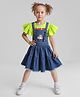 OLLINGTON ST. Cotton Half Sleeves Inner Top & Denim Pinafore with Be Kind Text Print- Light Green & Indigo