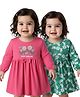 Doodle Poodle Cotton Knit Full Sleeves Frock with Floral Print & Bow Applique Pack of 2 - Dark Pink & Green