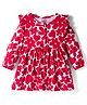 Doodle Poodle 100% Cotton Knit Full Sleeves Frock With Floral Print & Bow Applique - Red & White