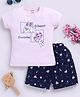 Biskid Cotton Half Sleeves Bunny & Cat Printed Top & Coordinating Short Set - Pink