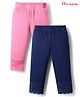 Honeyhap Premium Cotton Elastane Knit Three Fourth Leggings  With Bio Finish & Lace Detailing Pack of 2 - Navy Peony & Sachet Pink