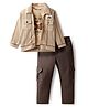 Dapper Dudes Full Sleeves Striped Crochet Designed Jacket With Typography Printed Tee & Pant Set - Fawn