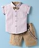 Dapper Dudes Half Sleeves Striped Shirt & Shorts With Bow & Suspender Set - Fawn