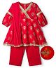 EARTHY TOUCH Single Jersey Kit Three Fourth Sleeves Kurti Salwar Set with Dupatta Floral Glitter Print & Lace Detailing - Red