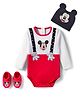 Babyhug Disney Interlock Knit Full Sleeves Mickey Mouse & Family Printed Onesies With Cap & Booties Set  - Red & White