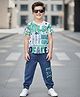 OLLINGTON ST. Knit Half Sleeves Printed T-Shirt & Stretchable Denim Joggers Set - White & Blue