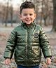 Babyhug Woven Full Sleeves Padded Jacket With Detachable Hood & Front Pockets - Green
