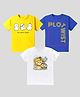 KAVEE Pure Cotton Pack Of 3 Half Sleeves Baby Lion & Cute Ghost Printed Tees - White Blue & Yellow