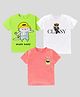 KAVEE Pure Cotton Pack Of 3 Half Sleeves Teddy Bear & Typography Printed Tees - Green White & Peach
