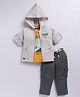 LITTLE COLLARS Linen Blend Full Sleeves Treat With Kindness Text Embroidered Hooded Shirt & Pant With Inner Tee & Belt Set - Beige