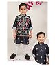 LITTLE COLLARS Soft Cotton Silk Blend Full Sleeves Ikkat Printed Kurta Pyjama With Sleeveless Nehru Jacket & Brooch - Black