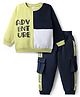 Mark & Mia Terry Knit Full Sleeves Cut & Sew Text Printed Winter Wear Suit with Cargo Pockets - Navy Blue & Light Green