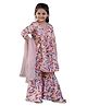 Cutiediva Muslin Three Fourth Sleeves Feathers Printed & Lace Detailed Kurta Sharara With Dupatta Set - Peach