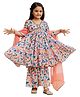 Cutiediva Muslin Three Fourth Bell Sleeves Floral Printed Gota Lace Embellished Kurta & Sharara With Dupatta Set - Multi Colour