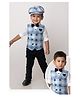 LITTLE COLLARS Cotton Full Sleeves Checked 3 Piece Party Suit Set With Cap & Bow - Blue