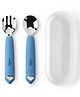 CUBKINS Spoon & Fork Set with Travel Box for Children with Stainless Steel Head & Silicone Handles | No Sharp Edges | BPA Free, Food Grade, FDA Approved | Washable & Reusable (Blue Olive)