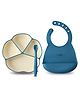 CUBKINS Set of 3 pcs - Plate, Bib, Early Feeding Bendable Spoon | Designed for Babies, Infants & Toddlers | BPA Free, Food Grade, FDA Approved | 100% Silicone | Easy to Clean (Blue Olive)