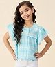 StyloBug Half Flutter Sleeves Checked & Lace Embellished Top -Blue