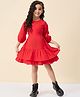 StyloBug Cotton Three Fourth Balloon Sleeves Solid Layered Dress - Red