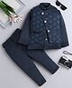 Fourfolds Full Sleeves Geometric Embroidered 3 Piece Part Suit Set - Navy Blue