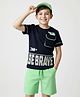 OLLINGTON ST. Cotton Knit Half Sleeves Printed T-Shirt & Knit Shorts Set - Navy Blue & Mint Green