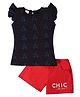 Nino Togs Cotton Flutter Sleeves Abstract Printed Top With Chick Text Embroidered Twill Shorts - Black & Red