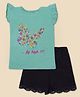 Nino Togs Cotton Frill Sleeves Butterfly Embroidered Top With Lace Embellished Shorts - Teal Blue & Black