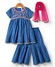 Babyhug Cotton Woven Half Sleeves Kurti Gharara Set with Dupatta & Floral Embroidery with Lace Detailing - Blue & Pink